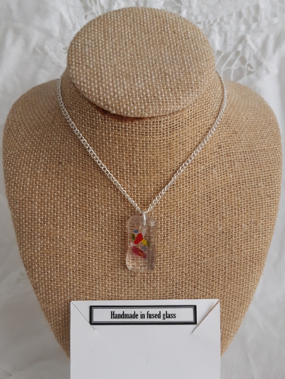 Fused Glass Pendant Necklace with Red and Yellow Accent on Silver Chain